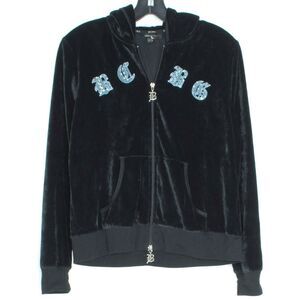 BCBGMaxazria Womens Track Jacket Velour Y2K Hoodie Cross Full Zip Black XL FM